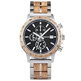 BOBO BIRD Orologio da uomo in legno con cinturino in acciaio inox e legno, movimento al quarzo giapponese, multifunzione, cronografo per lavoro, Argento, Business Casual