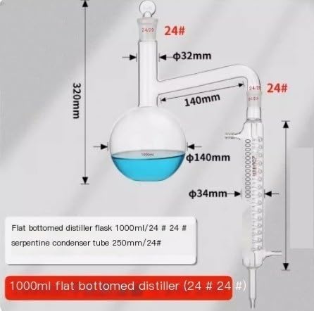 All Glass Round Bottom & Flat Bottom Distillation Flask with Serpentine Condenser Tube for Laboratory Purification(Flat Bottom)