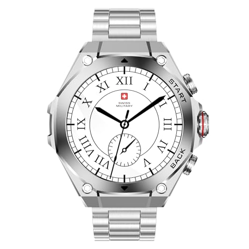 Image of Swiss Military DOM6 Smartwatch 1.43 inch AMOLED, Bluetooth Calling, Multi Language, Health & Sports Tracking, Wireless Charging, 7 Days Battery, IP67, iOS /Android Compatible,Silver Frame with Steel Strap