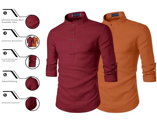 Image of Zombom Men's Combo Cotton Polyester Blend Solid Full Sleeve Straight Regular Fit Mandarin /Chinese Collor Kurta (Pack of 2)
