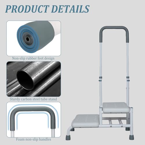 Haushaltstritt 2 Treppenstufen Trittstufe mit Haltegriff, rutschfest Badewannenstufe mit Haltegriff, Tritthocker mit Griff für Erwachsene, ältere Menschen, Fußhocker für Nachttisch, Küche, Badewanne