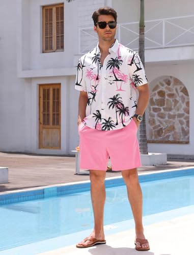 Mens hawaiian outfit 2 Piece Tropical Print Short Sleeve Button Down Shirt and Beach Shorts Summer Set3