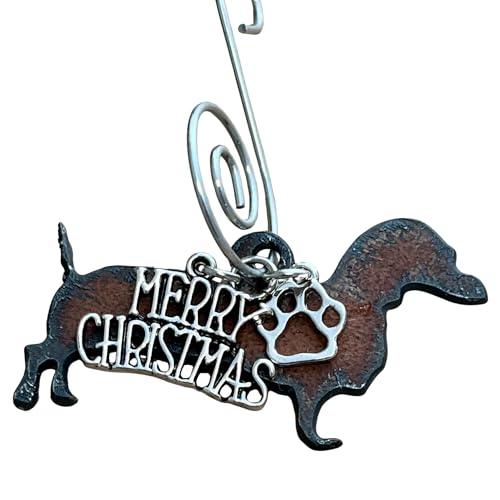 Dachshund Christmas Ornament, Rustic Metal Ornament with Merry Christmas & Paw Print Charms