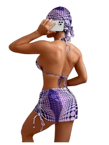 Image of Women's 4 Piece Polka Dots Bathing Suits Cover Up Skirt & Bandana | Halter Bikini Sets, Sexy Bathing Suit, Beach Skirt, Leopard, Paisley, Tropical, Summer
