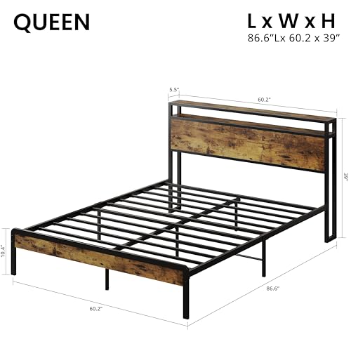 Image of LIKIMIO Queen Bed Frame with 2-Tier Storage Shelf Headboard | Dark Wood Platform Bed, Camas Queen with Strong Metal Supports, Sturdy, Noise-Free, No Box Spring Needed, Brown