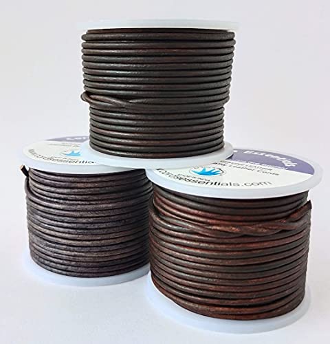 Cords Essentials Round Genuine Leather String Cord For Jewelry Making Distressed Dark Brown, 2.0 Mm + Distressed Light Brown, 2.0 Mm And Distressed Gray, 2.0 Mm Bundle #TOP1