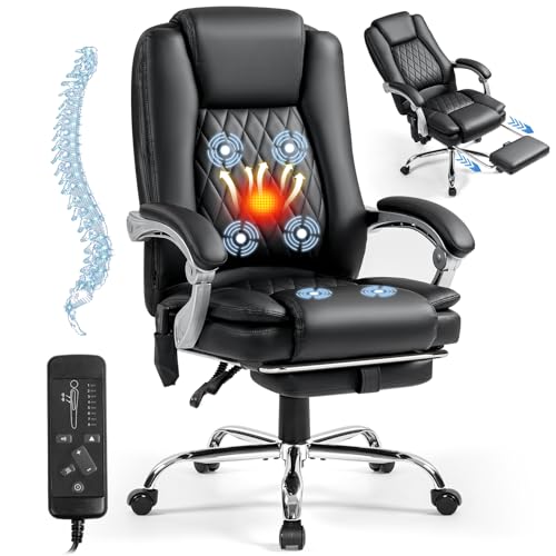 Mvpipi Massage Office Chair with Foot Rest - Ergonomic Executive Chair, High Back Reclining Leather Desk Chair with 135° Recline, 400 LBS, 6-Point Vibration and Heat, Classic