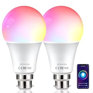 HUTAKUZE Smart Bulb WiFi B22 Bayonet, 9W 806LM, App or Voice Control, Dimmable Warm White and RGB Colour Changing Light Bulb, Works with Alexa/Google,2 Pack