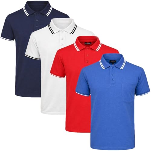 Gaffer Mens Polo Shirt Polos Tshirt Pique Pocket T-Shirt Summer Ribbed Tipping Collar PK Tshirts Top (Set A, Navy, White, Red, Dark Navy) XL