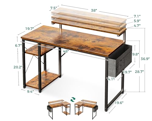 KKL 48 inch Small Computer Desk with Adjustable Monitor Stand, Home Office Desk & Workstation with Storage Shelves, Reversible Work Writing Study Table for Bedroom, Rustic Brown