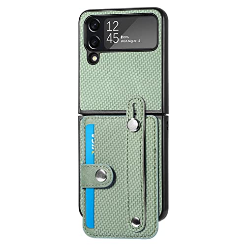 Étui portefeuille Galaxy Z Flip 4 en fibre de carbone vert avec porte-cartes