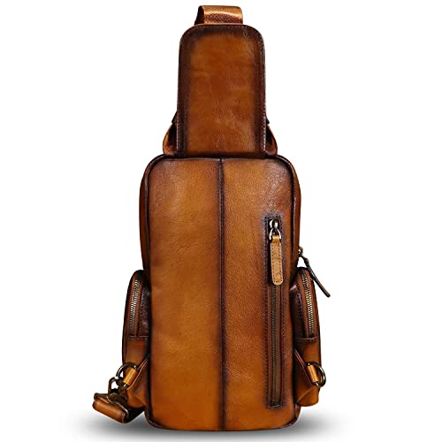 Ivtg Genuine Leather Sling Bag Crossbody Casual Hiking Daypack Vintage Handmade Chest Bag Shoulder Backpack Motorcycle Pack (Brown) #TOP2