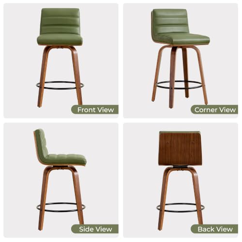 Image of Swivel Bar Stools Set of 1,26 inch Faux Leather Counter Height Barstools with Back,Mid Century Modern Upholstered Bar Chairs with Bentwood Legs Island Stools for Kitchen Counter Green