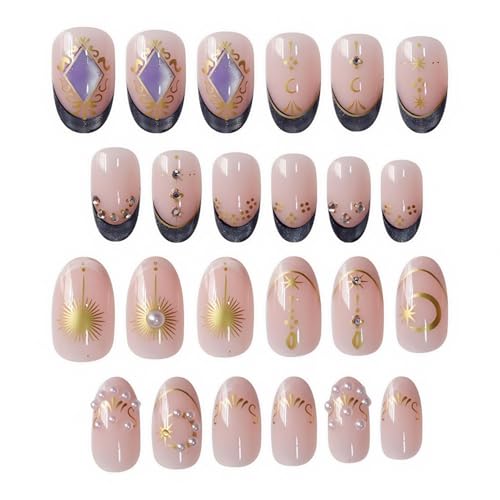 Image of French Tip Press on Nails Gold Fake Nails with Pearl Design Nude Glue on Nails Medium Almond False Nail Glossy Full Cover Artificial Acrylic Glitter Stick on Nail for Women Girls Manicure 24Pcs