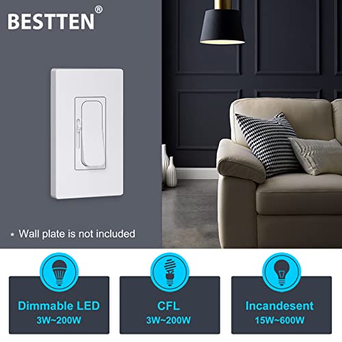 [10 Pack] Bestten Super Slim Digital Dimmer Switch With 1-Gang Snow White Screwless Wall Plate, Standard Size, H4.69” X W2.91”, Single Pole Or 3 Way Dimmable Light Switch, Quiet Rocker, For Led, Cfl, #TOP1