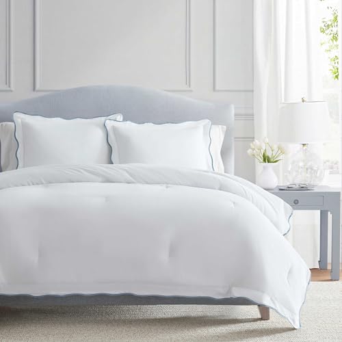 Image of Martha Stewart - Twin Comforter Set, Crisp & Smooth Bedding with a Cotton Percale Lightweight Feel, Reversible 2 Piece Bed Set with Matching Pillowcase (Simple Scallop Blue)