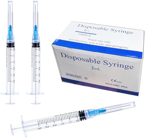 100 Pack 3ml with 23 Ga 1 Inch Lab Luer Lock Syringe Dispensing, Scientific Industrial Supplies, Individually Wrapped