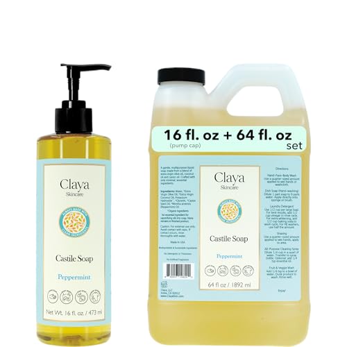 Image of Claya Peppermint Liquid Castile Soap - Organic Ingredients, Biodegradable, Refreshing and Cooling, Gentle for Skin and Multi-Purpose (16 fl oz (Pump Cap) and 64 fl oz)