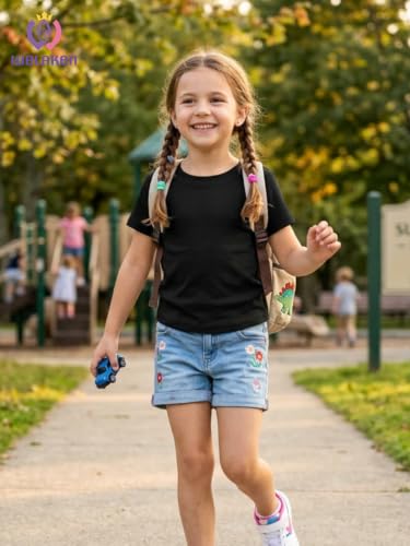 Image of WELAKEN Girls Soft T-Shirt with Curved Hem, Breathable Stretchy Rayon Crewneck Short Sleeve Tees, Kids Everyday Basic Top
