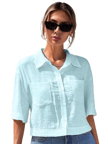 Image of TOPLOT V-Collar Solid Crop Shirt for Women with Half Sleeves, Polyester, Regular Fit