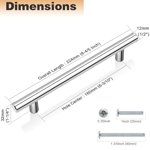 Image of Probrico 30 Pack|6-3 /10 inch Drawer Pulls Stainless Steel, Modern Polished Chrome Cabinet Pull, Round T bar Handles Dresser Drawer knobs, Kitchen Cabinet Knobs 8-3 /4 inch Overall Length