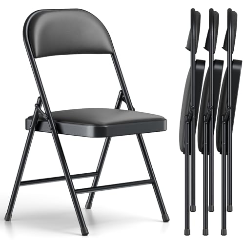 Folding Chair 4 Pack, Comfy PU Leather Padded Folding Chairs for Outside and Indoor, Heavy Duty Portable Foldable Metal Commercial Seat for Home, Dorm, Party, Backyard, Lawn, Patio, Black