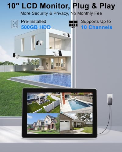 HXVIEW Solar Wireless Security Camera System with 10\" LCD Monitor, 4PCS 4MP PTZ WiFi Battery Powered Cameras Outdoor, 10CH Expandable NVR, 500GB HDD, PIR Human Detection, 2-Way Audio, Work with Alexa