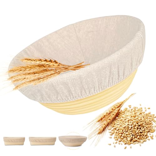 DeJivsin Banetones para pan, Cesta de fermentación redonda de 23 cm, Cesta de fermentación ratán natural, Cesta de pan con inserto de lino lavable para panaderos profesionales y domésticos, panaderos