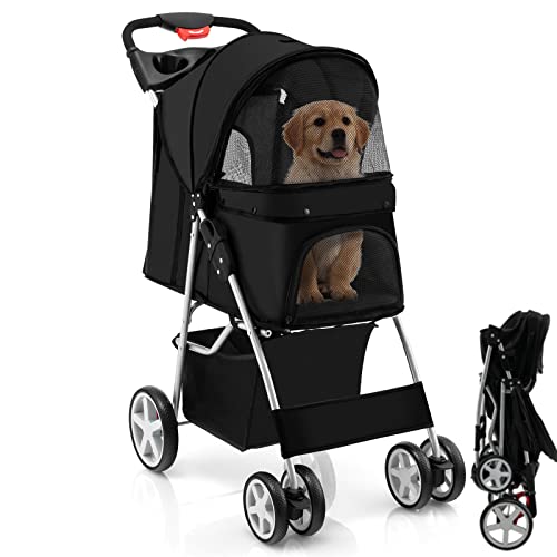 Maxmass Travel Pet Stroller Foldable Small Medium Sized Dog Cat Trolley with Storage Basket Safety Belt and Cup Holder 4 Wheels Puppy Pushchair (Black)