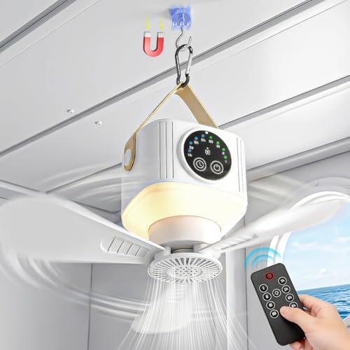 GSQQTE Portable Ceiling Fan for Cruise Magnetic Ceiling Fan 7200mAh Battery Cruise Ceiling Fan with LED Remote&Timer&4 Speeds Hook Design for Cruise Cabin Bedroom Sleeping Camping RV Travel