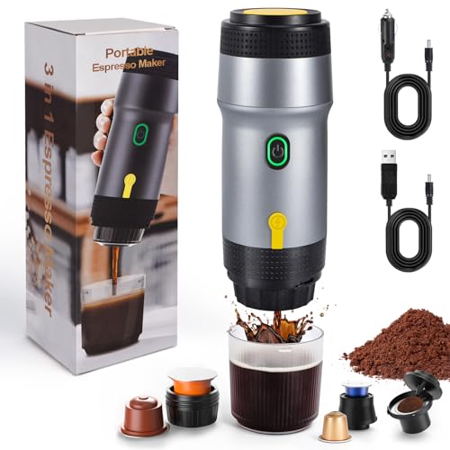 Nsyee 3-in-1 Portable Espresso Machine, Self-Heating, 12V Car Coffee Machine, Compatible with Big Capsules/Small Capsules/Ground Coffee, Electric Travel Coffee Maker, For Camping, RV, Office, Silver