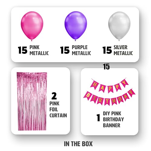Image of Just Party Happy Birthday Decoration Kit, Pink Silver and Purple - Pack of 60 | Super Shinny Balloons for Birthday Decoration | Birthday Balloons for Kids & Adults | Super Shinny Foil Fringe Curtains