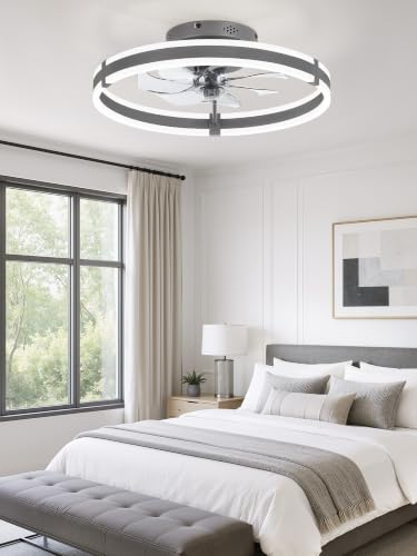 Image of ZMISHIBO Low Profile 19.7'' Ceiling Fans with Lights and Remote, Gray | 3000-6000K Dimmable LED Fandelier, Quiet DC Motor, Reversible Airflow, 6 Wind Speeds, Timer, Bedroom, Living Room, Kitchen