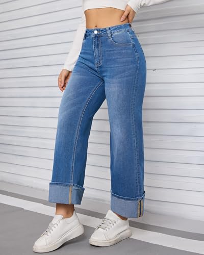 Women's Straight Wide Leg High Waist Jeans for Trendy Stretch Denim Pants with Cuffed Hem-Comfort Fit Casual Outfit2
