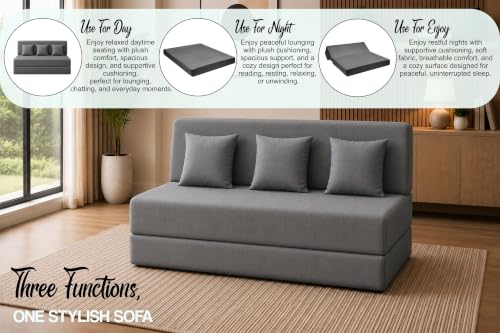 Image of Sofa Cum Bed with Jute Fabric, Convertible Three Seater Sofa Bed 5x6 Ft, Comfortable Cushioned Seating, Space Saving Design for Living Room, Bedroom & Guest Room - Grey Color