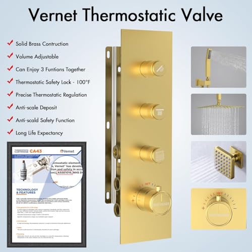 Image of Shower System with Body Jets, 12 Inch Rain Shower System, All Metal Body Spray Shower Jets System, Include Shower Valve Gold 16 inch+ 6 Jets Button