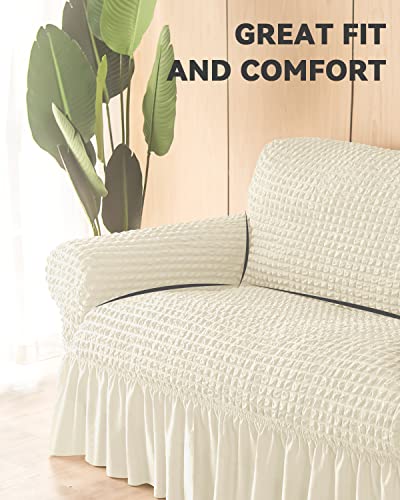 Loveseat Slipcover 1 Piece For 2 Cushion Couch Sofa Cover With Skirt, Durable Washable High Elastic Stretchable, Easy Fit Universal Furniture Protector (2 Seater, Beige) #TOP3