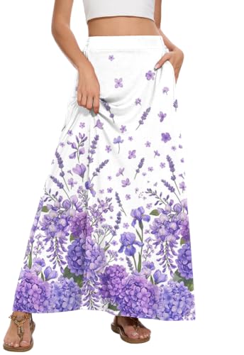Image of Womens Maxi Skirt Long Flowy Summer A-Line High Waist Skirts | Elastic Waistband with Pockets, Lightweight Fabric, Casual Wear, Swing beach boho Outfits, Fashion Clothes