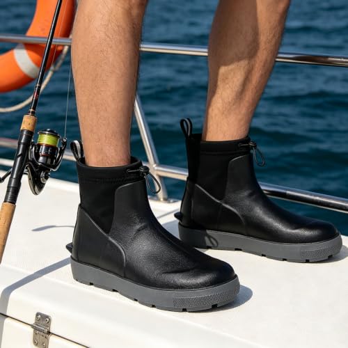 Image of Men's Deck Boots, Waterproof Ankle Rain Boots for Fishing & Boating | Anti-slip rubber work boots with pull-on ankle design for fishing, boating, farming, gardening and other wet outdoor jobs.