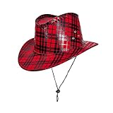 Westernhut Damen Mit Band Unisex Cowboyhut Herren Leder Cowboy Hut Frauen Glitzer Westernstyle Wildlederoptik Lederband Junggesellenabschied Klassischer Jazz-Cowboyhut Streifen- Karomuster Auftritte