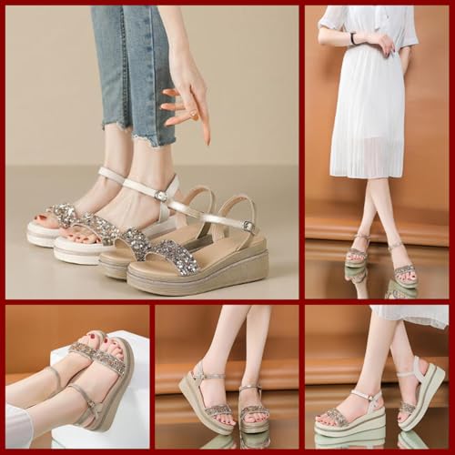 Women’s Wedge Sandals with Crystal Embellishments, Adjustable Ankle Strap, Comfortable Platform Sandals, Stylish and Elegant for Summer, Weddings, and Casual Wear3