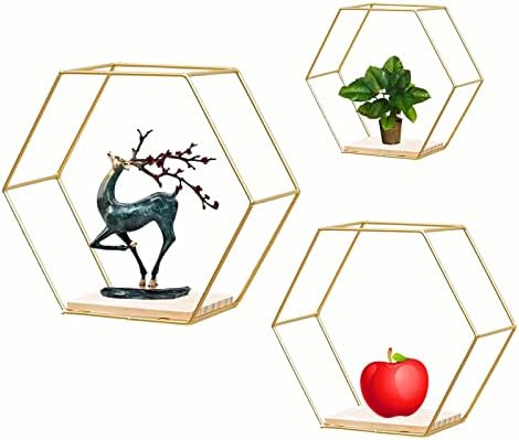 ZUIDSYI Wall Mounted Hexagon Floating Shelves, Metal Framed Gold Shelf with Wooden Wall Floor Storage Shelves, Modern Wall Decor for Living Room, Bedroom, Kitchen, Office, Set of 3 Size