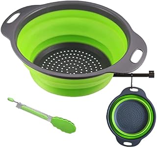 Collapsible Silicone Colander Set of 1 Large Food Strainer Dishwasher Safe with Plastic Handle/ Free Tongs, 2/3 Quart Folding Kitchen Round Strainers Colanders Over The Sink for Pasta Vegetable Fruit