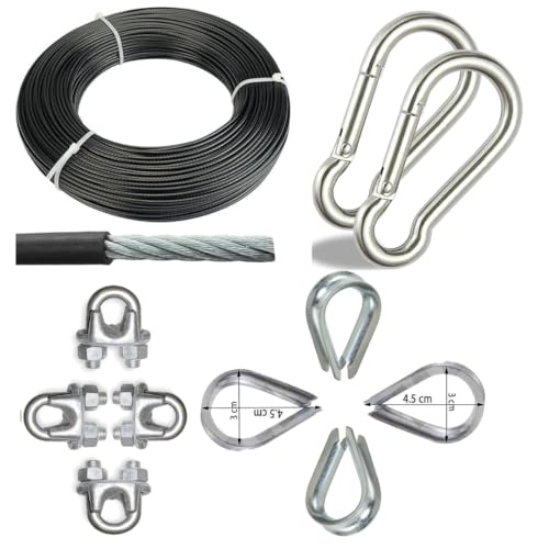 BARLOCK™ Gym Machine Wire Rope (5mm) with Saftey Lock Set - Snap Hooks, U-Clamps & Thimble Lock (Black, 10 Meter)