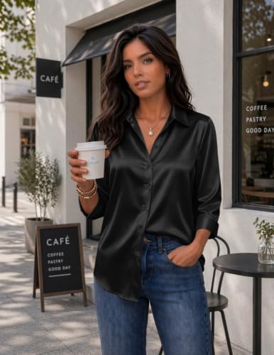 Image of Zeagoo Womens Satin Blouses Button Down Shirts 3 /4 Sleeve Dressy Tops S-2XL