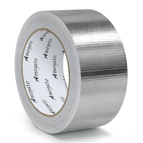 AMOGATO Fiberglass Aluminum Foil Tape 2 inch x 66 Feet - High Heat Resistant (500F) for Exhaust Pipe Repair Muffler Automotive & HVAC Duct Sealing - Heavy Duty Flame Retardant Easy Tear