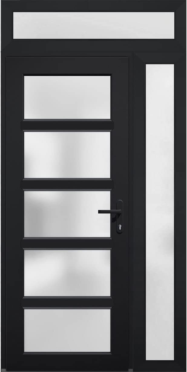 VDOMDOORS Front Exterior Prehung Fiberglass Door Frosted Glass/Manux 8002 Matte Black/Side and Top Exterior Window/Entrance Patio Garage-W36+12" x H80+14"-Left-Hand Inswing