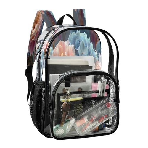 Rose Flower Blue Hydrangea Clear Backpack Heavy Duty See Through Transparent PVC BookBag for Kids Boy Girl School Work2