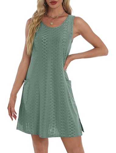 Coverup Summer Dresses for Women 2025 Eyelet Casual Loose Sleeveless Sundresses Tank Dresses with Pockets4