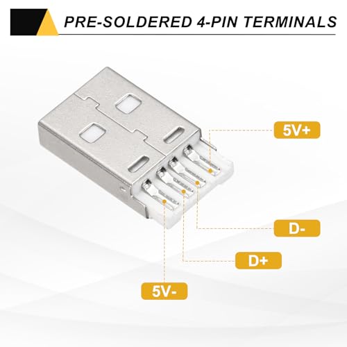 QUARKZMAN 20Stück USB 2.0 Typ A Stecker Verbinder 4 Pin Lötanschluss Mit 3mm Kabelbohrung Für DIY Kabelreparatur-Set Netzteil Mikrocontroller-Projekte Weiß/Schwarz 36.5x14.8mm